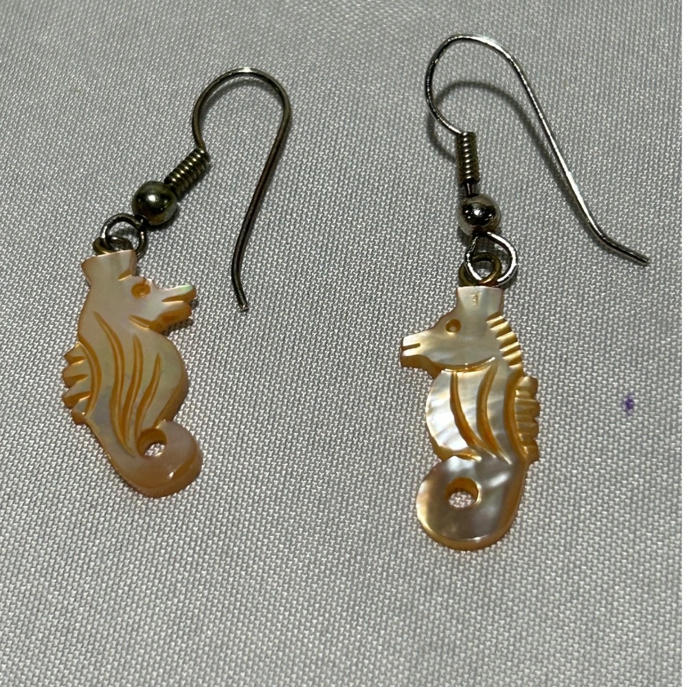 Seahorse Mother of Pearl Carved Drop Earrings Peachy Iridescent Ocean Shell Boho